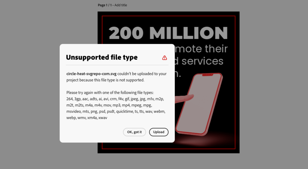 Screenshot displaying an error message while attempting to upload an SVG file to Adobe Express.