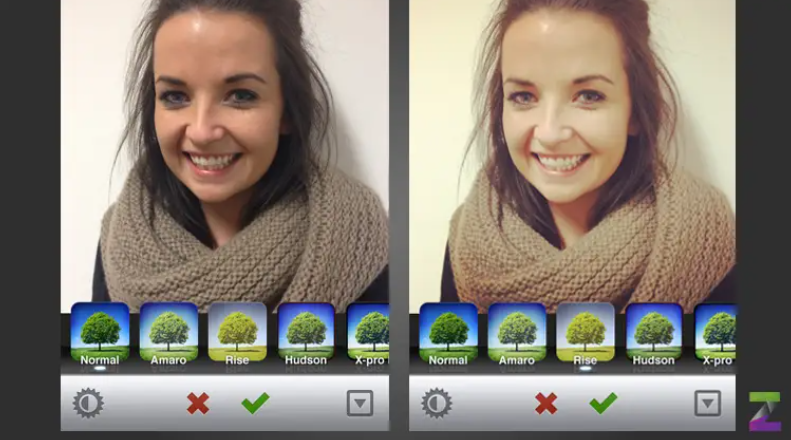 Screenshot showing the before and after of applying Instagram's old "Rise" filter to a photo.