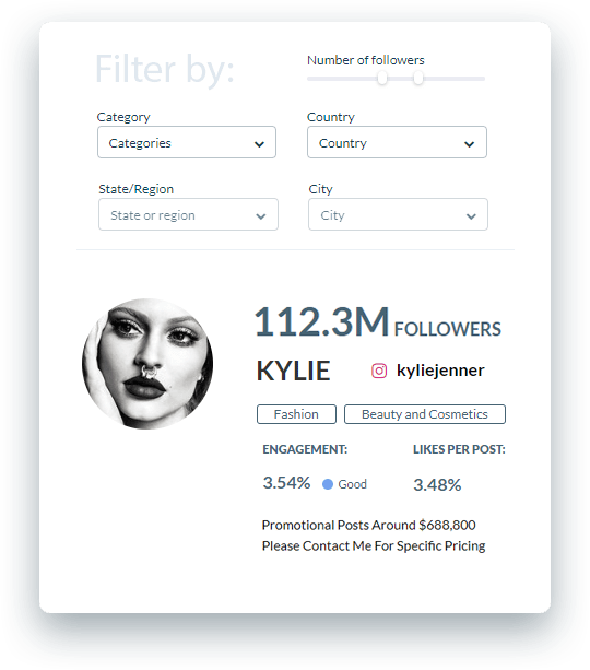 Profile card showing Instagram profile overview of Kylie Jenner.