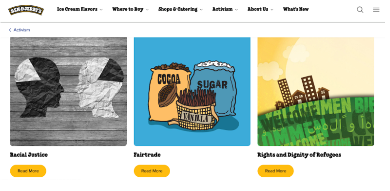 Screenshot showing the Racial Justice, Fairtrade, and Rights and Dignity of Refugees Values on the Ben & Jerry's website