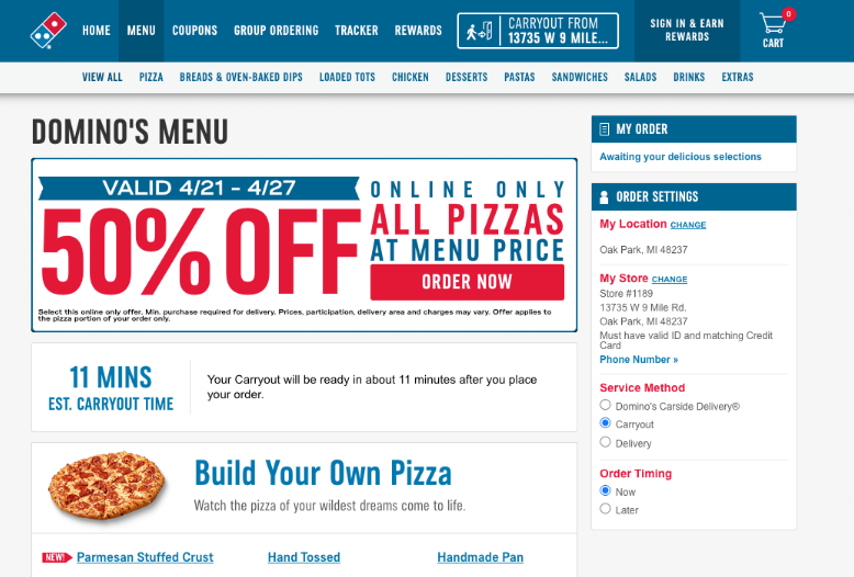 Screenshot showing the Menu page of the Domino's website, with the red order now button featured prominently on the screen