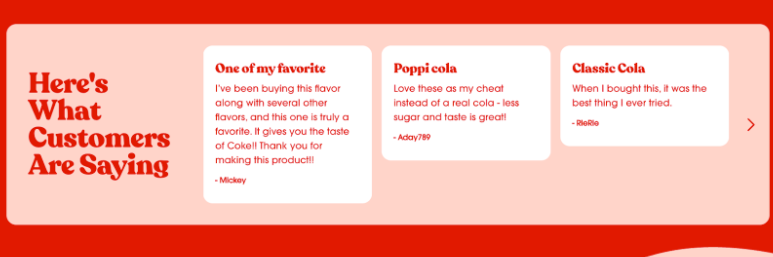 Screenshot showing a section on the Poppi website with a red background and white text blocks with customer testimonials