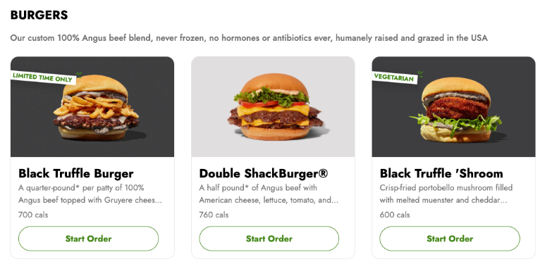 Screenshot showing photos of the Black Truffle Burger, Double Shackburger, and Black Truffle 'Shroom burger on the Shake Shack website