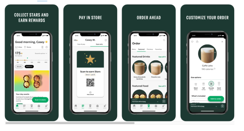 Screenshots showing the rewards, payment, order, and customization features on the Starbucks mobile app