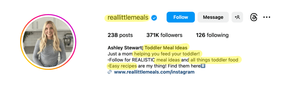 Example of an Instagram profile optimized for SEO. The username is reallittlemeals.