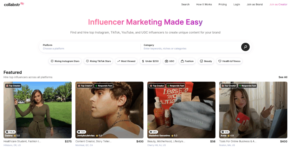 gallery of UGC creators on website